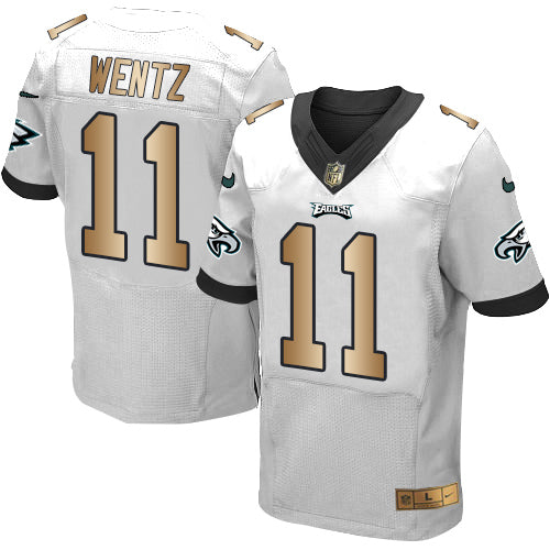Nike Eagles #11 Carson Wentz White Mens Stitched NFL New Elite Gold Jersey