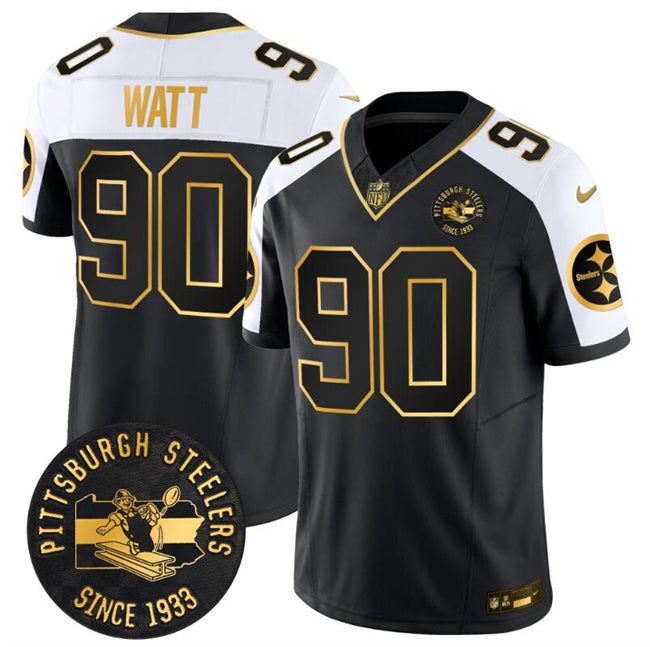 Mens Pittsburgh Steelers #90 TJ Watt Black Gold Alternate FUSE Throwback 1933 Patch Vapor Limited Stitched Football Jersey
