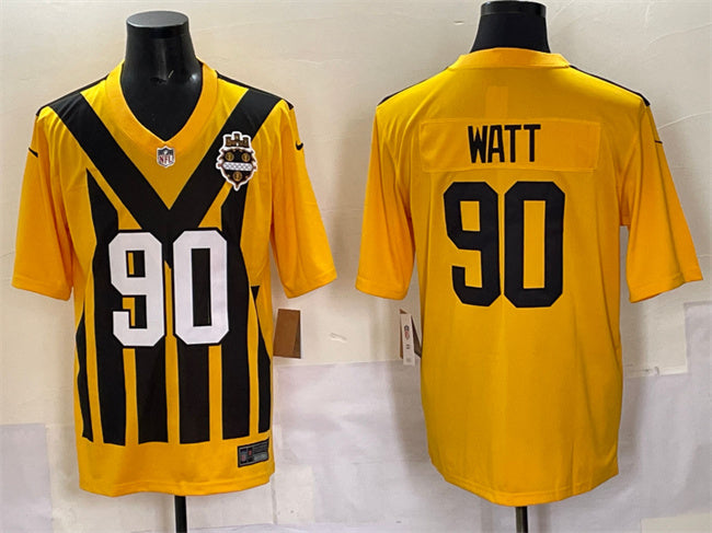 Mens Pittsburgh Steelers #90 TJ Watt Gold 1933 Throwback Alternate Stitched Football Jersey