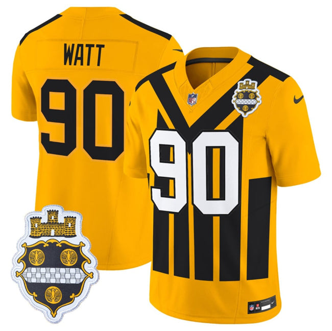 Mens Pittsburgh Steelers #90 TJ Watt Gold 1933 FUSE Throwback Alternate Football Stitched Football Jersey