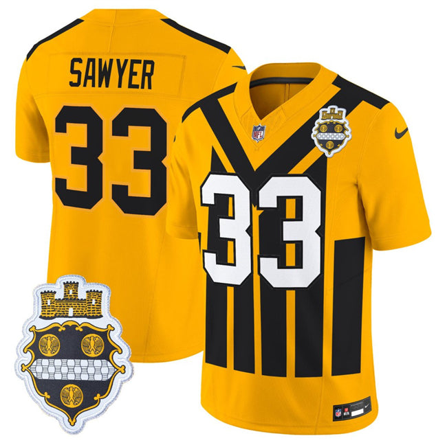 Mens Pittsburgh Steelers #33 Jack Sawyer Gold 1933 FUSE Throwback Alternate Football Stitched Football Jersey