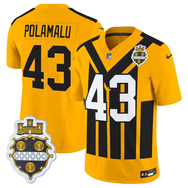 Mens Pittsburgh Steelers #43 Troy Polamalu Gold 1933 FUSE Throwback Alternate Football Stitched Football Jersey