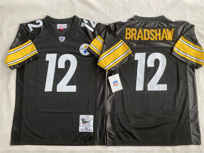 Mens Pittsburgh Steelers #12 Terry Bradshaw Black Stitched Football Jersey