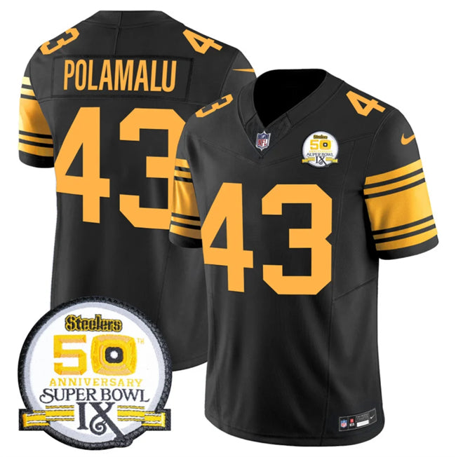 Mens Pittsburgh Steelers #43 Troy Polamalu Black 2024 FUSE 50th Anniversary Of Super Bowl IX Color Rush Limited Stitched Jersey