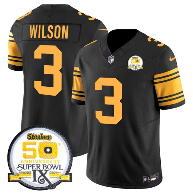 Mens Pittsburgh Steelers #3 Russell Wilson Black 2024 FUSE 50th Anniversary Of Super Bowl IX Color Rush Limited Stitched Jersey