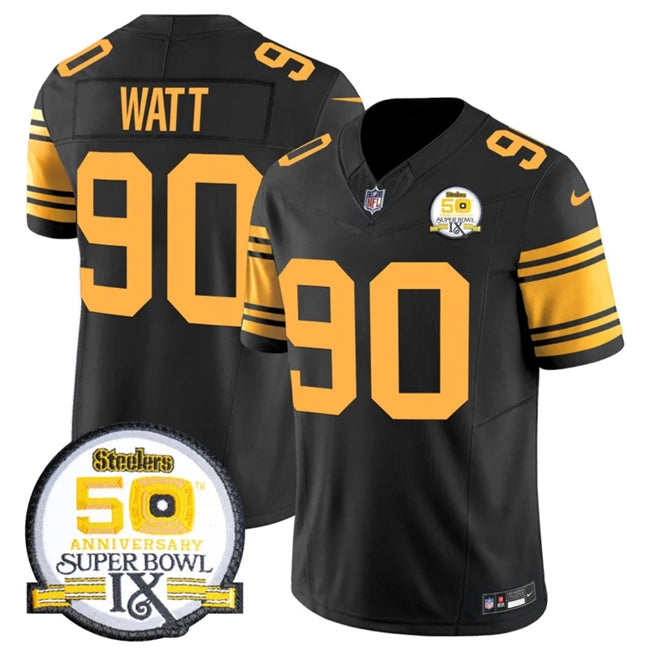 Mens Pittsburgh Steelers #90 TJ Watt Black 2024 FUSE 50th Anniversary Of Super Bowl IX Color Rush Limited Stitched Jersey