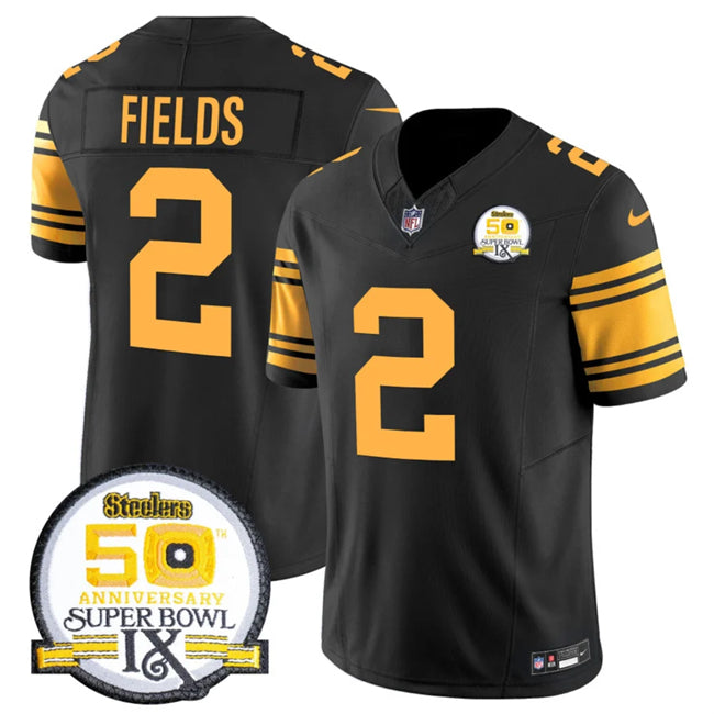 Mens Pittsburgh Steelers #2 Justin Fields Black 2024 FUSE 50th Anniversary Of Super Bowl IX Color Rush Limited Stitched Jersey