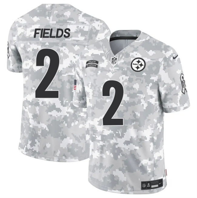 Mens Pittsburgh Steelers #2 Justin Fields 2024 FUSE Arctic Camo Salute to Service Limited Stitched Football Jersey