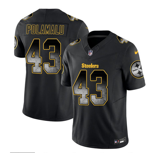 Mens Pittsburgh Steelers #43 Troy Polamalu Black 2023 FUSE Smoke Vapor Untouchable Limited Stitched Jersey