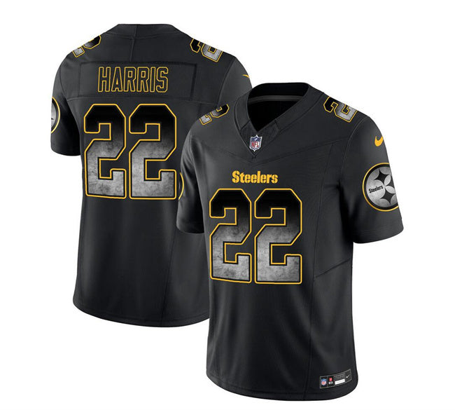 Mens Pittsburgh Steelers #22 Najee Harris Black 2023 FUSE Smoke Vapor Untouchable Limited Stitched Jersey