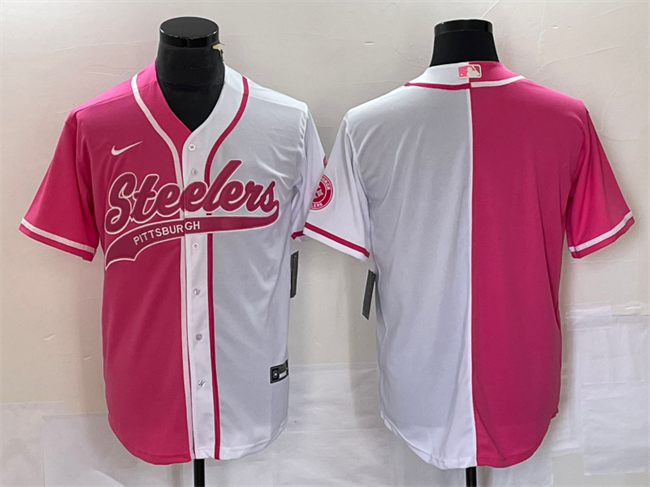 Mens Pittsburgh Steelers Blank White Pink Split Cool Base Stitched Baseball Jersey