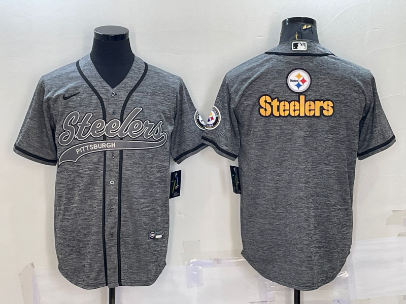 Mens Pittsburgh Steelers Grey Team Big Logo With Patch Cool Base Stitched Baseball Jersey