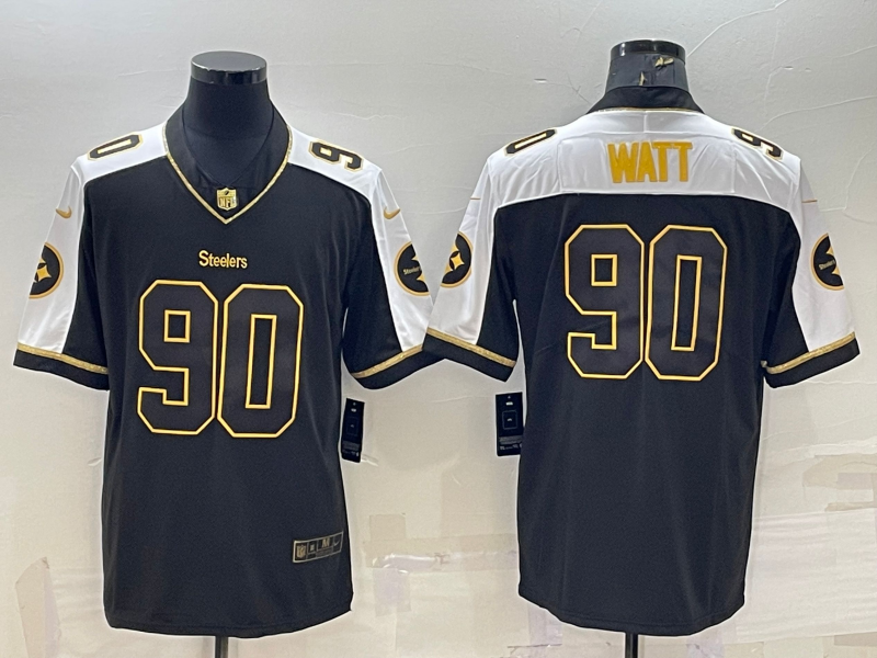 Mens Pittsburgh Steelers #90 T J Watt Black Gold Thanksgiving Vapor Untouchable Limited Stitched Jersey