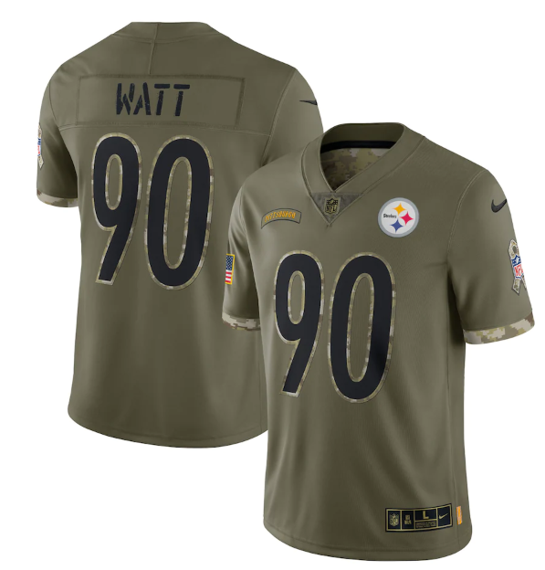 Mens Pittsburgh Steelers #90 T J Watt Olive 2022 Salute To Service Limited Stitched Jersey