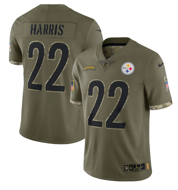 Mens Pittsburgh Steelers #22 Najee Harris Olive 2022 Salute To Service Limited Stitched Jersey