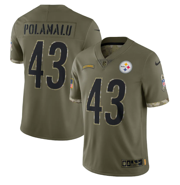 Mens Pittsburgh Steelers #43 Troy Polamalu Olive 2022 Salute To Service Limited Stitched Jersey