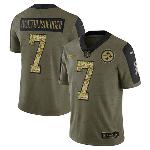 Mens Pittsburgh Steelers #7 Ben Roethlisberger 2021 Olive Camo Salute To Service Limited Stitched Jersey