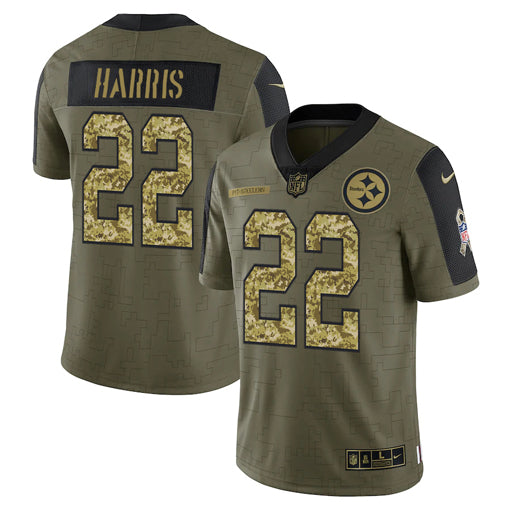 Mens Pittsburgh Steelers #22 Najee Harris 2021 Olive Camo Salute To Service Limited Stitched Jersey