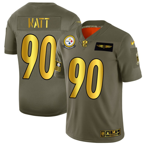 Mens Pittsburgh Steelers #90 T J Watt 2019 Olive/Gold Salute To Service Limited Stitched Jersey