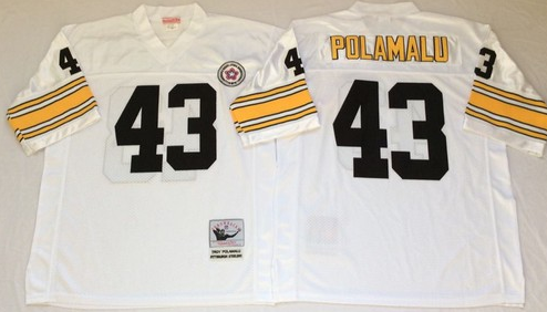Mens Pittsburgh Steelers #43 Troy Polamalu White Mitchell Ness Throwback Stitched Jersey