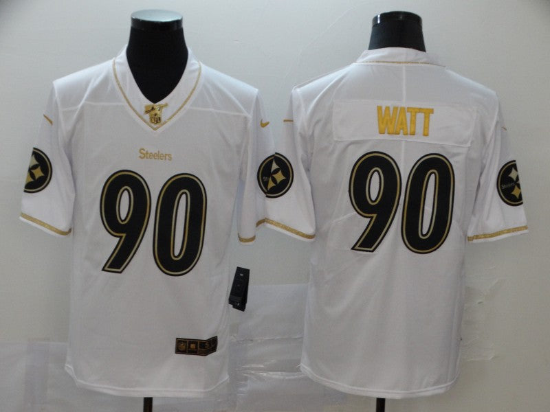 Mens Pittsburgh Steelers #90 T J Watt White 2019 100th Season Golden Edition Limited Stitched NFL Jersey