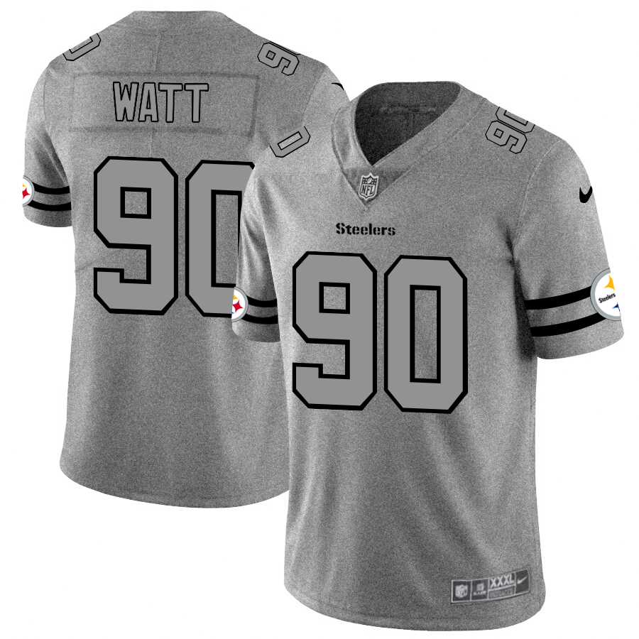 Mens Pittsburgh Steelers #90 T J Watt 2019 Gray Gridiron Team Logo Limited Stitched NFL Jersey