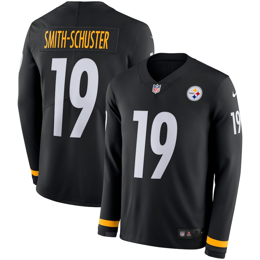 Mens Pittsburgh Steelers #19 JuJu Smith-Schuster Black Therma Long Sleeve Stitched NFL Jersey