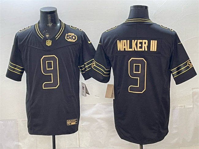Mens Seattle Seahawks #9 Kenneth Walker III Black Gold 2025 FUSE 50th Season Patch Vapor Limited Stitched Football Jersey
