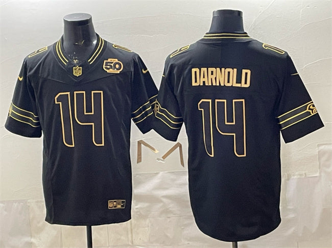 Mens Seattle Seahawks #14 Sam Darnold Black Gold 2025 FUSE 50th Season Patch Vapor Limited Stitched Football Jersey