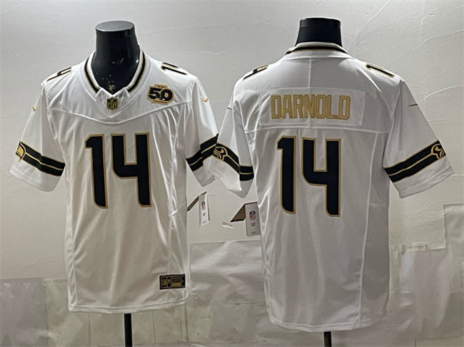 Mens Seattle Seahawks #14 Sam Darnold White Gold 2025 FUSE 50th Season Patch Vapor Limited Stitched Football Jersey