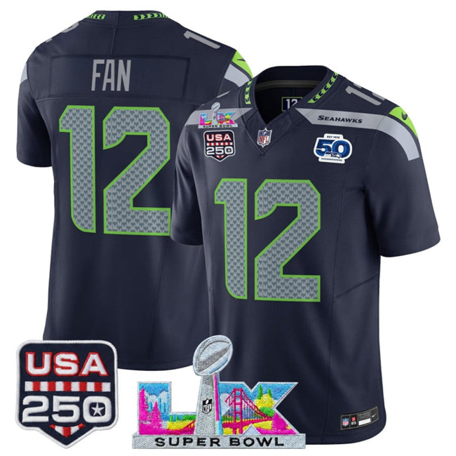 Mens Seattle Seahawks #12 Fan Navy 2025 FUSE Super Bowl LX Patch And 50th Season Patch Vapor Limited Stitched Football Jersey