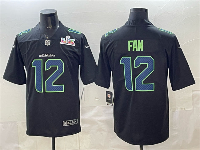 Mens Seattle Seahawks #12 Fan Black 2025 Super Bowl LX Patch Carbon Fashion Vapor Untouchable Limited Stitched Football Jersey