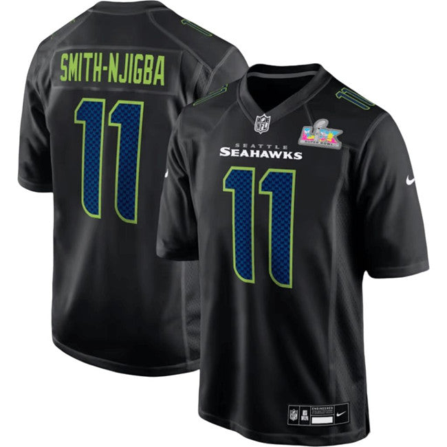 Mens Seattle Seahawks #11 Jaxon Smith-Njigba Black 2025 Super Bowl LX Patch Carbon Fashion Stitched Game Jersey