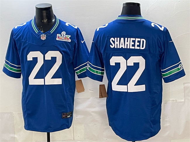 Mens Seattle Seahawks #22 Rashid Shaheed Royal 2025 FUSE Super Bowl LX Patch Vapor Throwback Limited Stitched Football Jersey