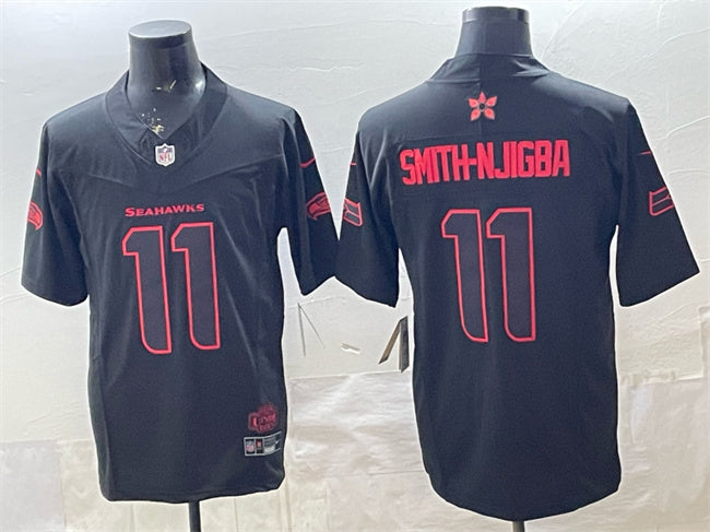 Mens Seattle Seahawks #11 Jaxon Smith-Njigba Black 2025 FUSE Stranger Things Edition Vapor Limited Stitched Football Jersey