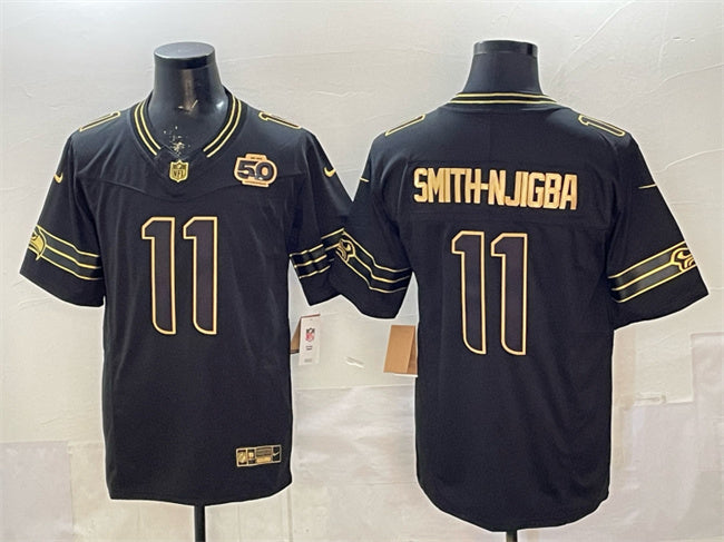Mens Seattle Seahawks #11 Jaxon Smith-Njigba Black Gold 2025 FUSE 50th Season Patch Limited Stitched Football Jersey