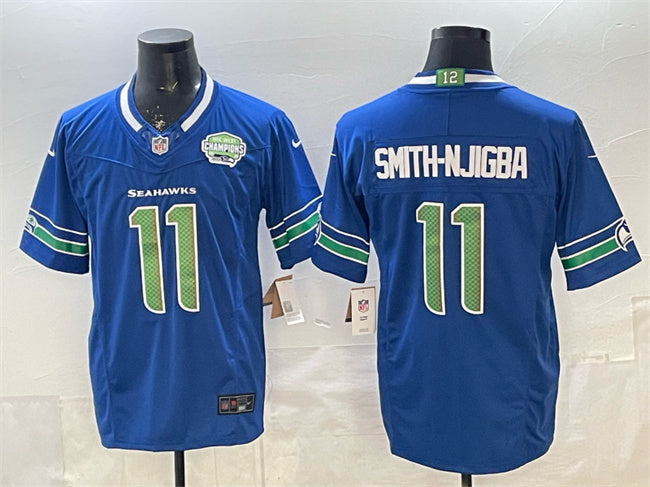 Mens Seattle Seahawks #11 Jaxon Smith-Njigba Royal FUSE 2025 NFC West Champions Patch Limited Stitched Football Jersey