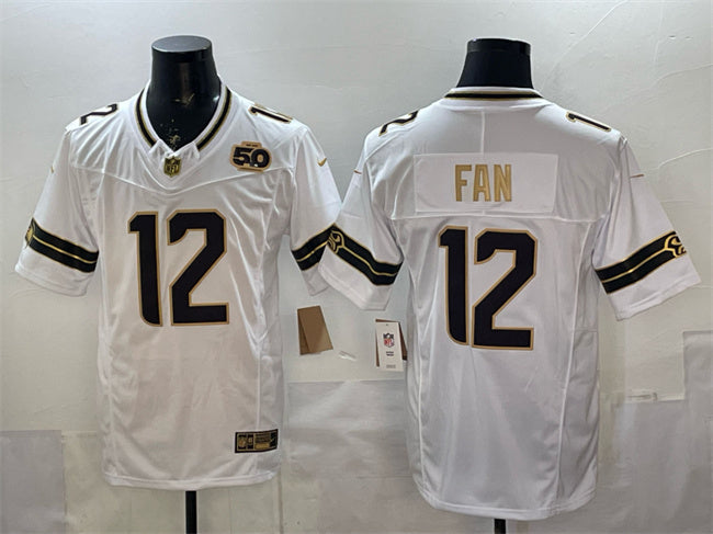Mens Seattle Seahawks #12 Fan White Gold 2025 FUSE 50th Season Patch Limited Stitched Football Jersey