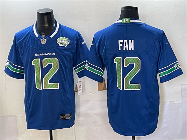 Mens Seattle Seahawks #12 Fan Royal FUSE 2025 NFC West Champions Patch Limited Stitched Football Jersey
