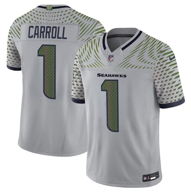 Mens Seattle Seahawks #1 Pete Carroll Grey 2025 FUSE ¡°Rivalries¡± Vapor Untouchable Limited Stitched Football Jersey