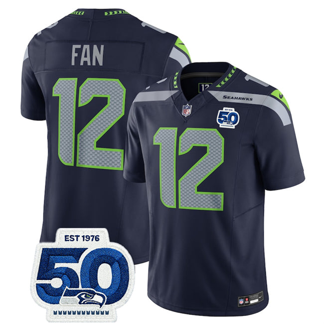 Mens Seattle Seahawks #12 Fan Navy 2025 FUSE 50th Anniversary Patch Vapor Untouchable Limited Stitched Football Jersey
