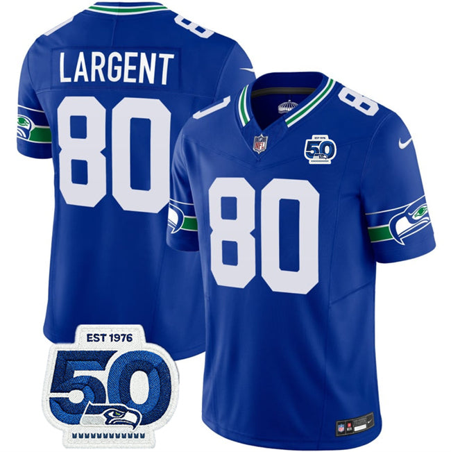 Mens Seattle Seahawks #80 Steve Largent Royal 2025 FUSE 50th Anniversary Patch Throwback Vapor Limited Stitched Football Jersey