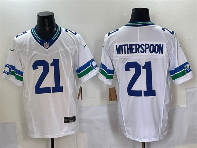 Mens Seattle Seahawks #21 Devon Witherspoon White FUSE Throwback Vapor Limited Stitched Football Jersey