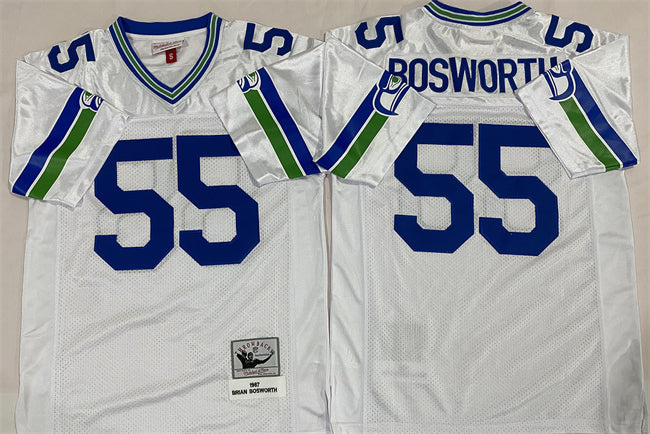 Mens Seattle Seahawks #55 Brian Bosworth White Throwback Stitched Football Jersey