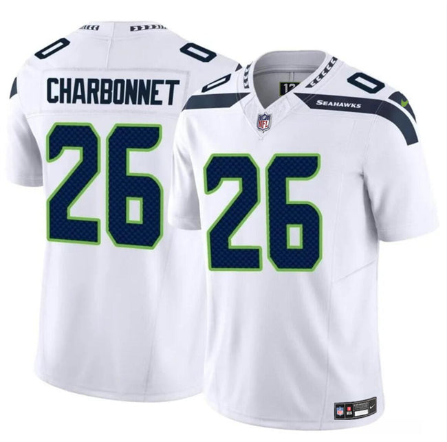 Mens Seattle Seahawks #26 Zach Charbonnet White 2024 FUSE Vapor Limited Stitched Football Jersey