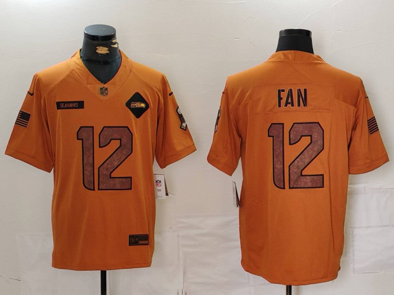 Mens Seattle Seahawks #12 Fan 2023 Brown Salute To Service Limited Stitched Football Jersey