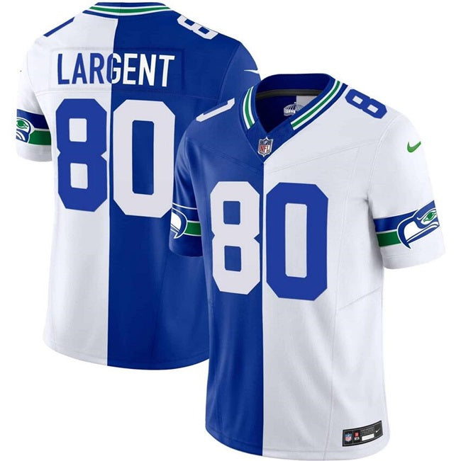 Mens Seattle Seahawks #80 Steve Largent Royal/White Split FUSE Vapor Throwback Limited Stitched Football Jersey