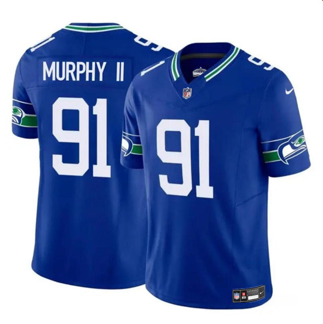 Mens Seattle Seahawks #91 Byron Murphy II Royal 2024 Draft FUSE Throwback Vapor Limited Stitched Football Jersey