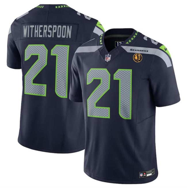 Mens Seattle Seahawks #21 Devon Witherspoon Navy 2023 FUSE With John Madden Patch Vapor Limited Stitched Football Jersey