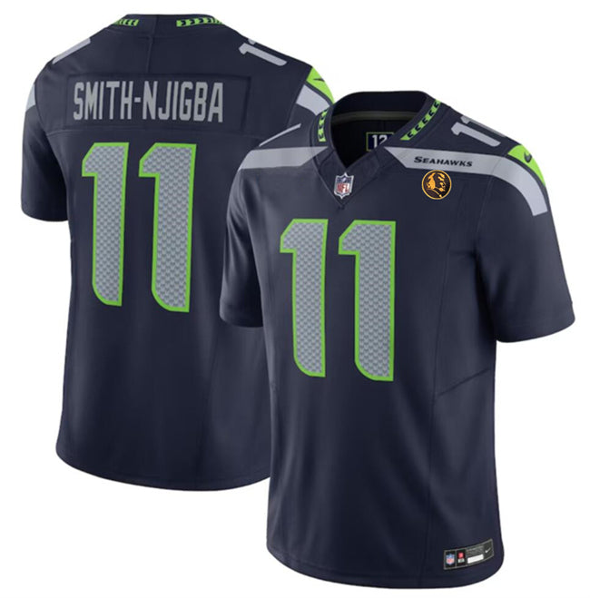 Mens Seattle Seahawks #11 Jaxon Smith-Njigba Navy 2023 FUSE With John Madden Patch Vapor Limited Stitched Football Jersey
